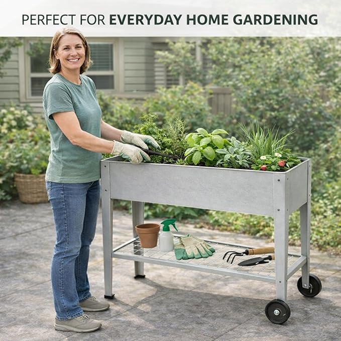 InSideOut Elevated 40" Raised Garden Bed Outdoor with Wheels & Shelf for Mobility, Metal Planter Box for Vegetables/Herbs, Patio-Balcony-Backyard (White)