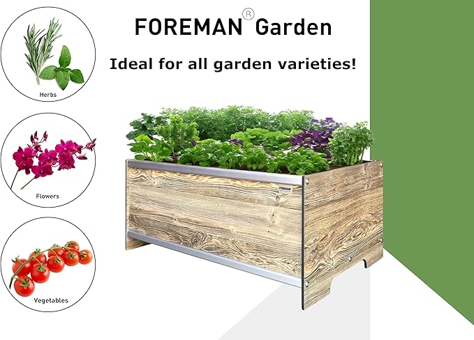 Foreman Raised Garden Bed 36”Lx24”Wx14”H Premium Plastic Wood Grain Aluminum Frame Elevated Planter Box for Backyard Patio Balcony, Amaretto