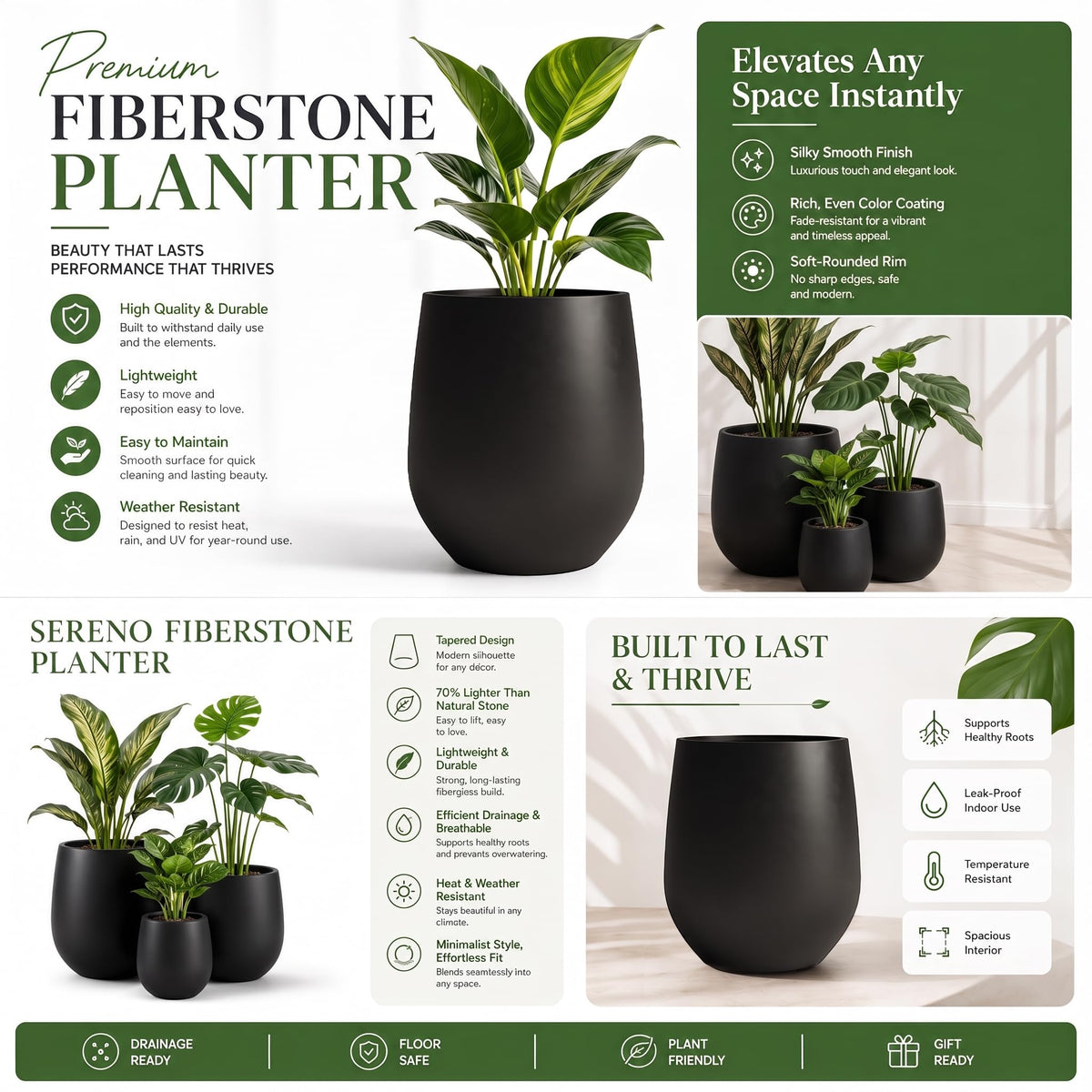 Premium Mt Wilson Tall Tapered Fiberstone Planter for Indoor Outdoor Use (Black / 20.1'' D x 21.9'' H)