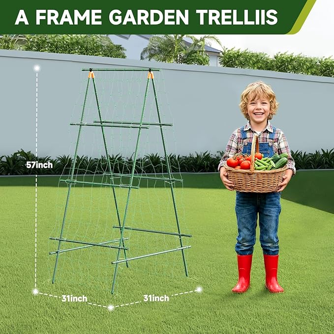 HIRALIY A Frame Cucumber Trellis for Climbing Plants Outdoor, 57" x 31" Heavy Duty Metal Garden Trellis, Rustproof Plant Support for Tomato, Grape, Bean, Raised Bed and Vegetable Gardens, Green