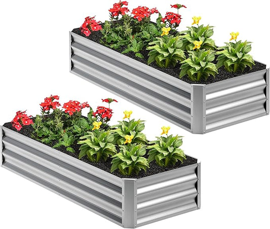 2PCS 4x2x1FT Galvanized Raised Garden Bed,Planter Raised Beds-Metal Garden Box,Large Plant for Outdoor Planting, Vegetables Bed，Flower,herb-Silver