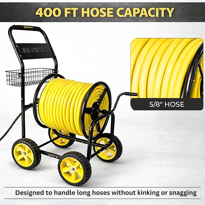 Heavy Duty Hose Reel Cart, Commercial Hose Reel with Wheels, Outdoor Water Hose Cart for Backyard, Farm & Ranch, or Contractor Use, Metal Hose Carts (4-Wheel, 400ft Capacity)
