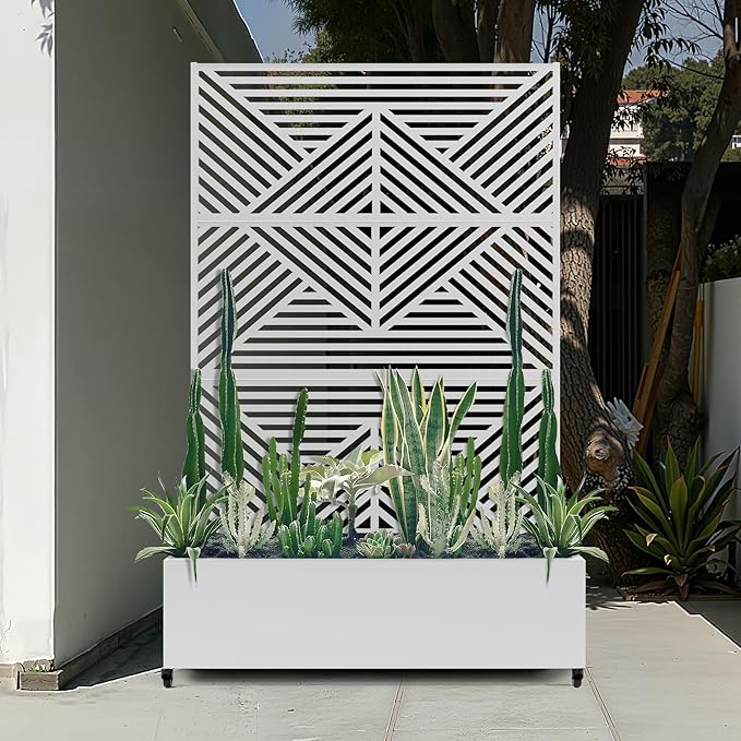 Standing Metal Planter Box with Trellis and Wheels for Climbing Plants, Raised Garden Beds with Drainage Holes, 47" L×16" W×71" H Privacy Boxes with Trellis (White Zodiac)