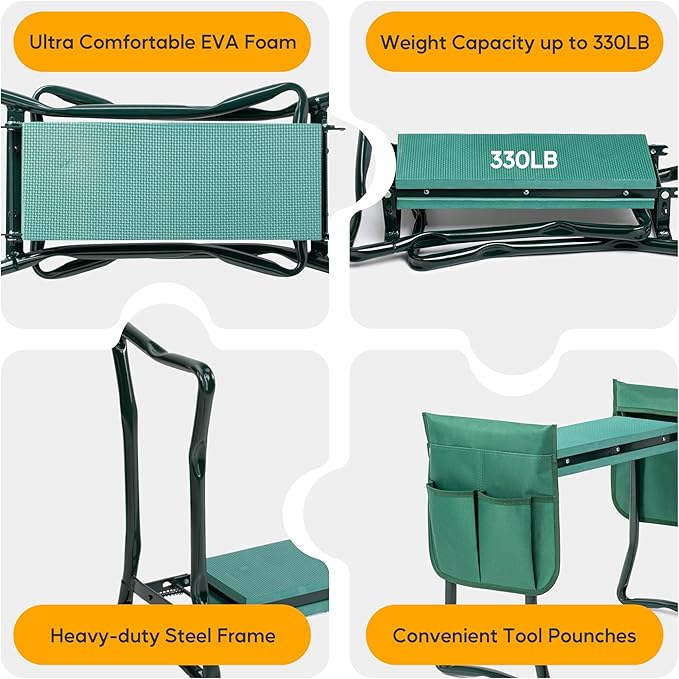 Simple Deluxe 2 Pack Garden Kneeler and Seat, Foldable Kneeling Stool with Thicker EVA Foam Pad Heavy Duty Bench, with Tool Pouch, Gifts for Outdoor Gardening, Fishing, Green, Arbor Day Gift