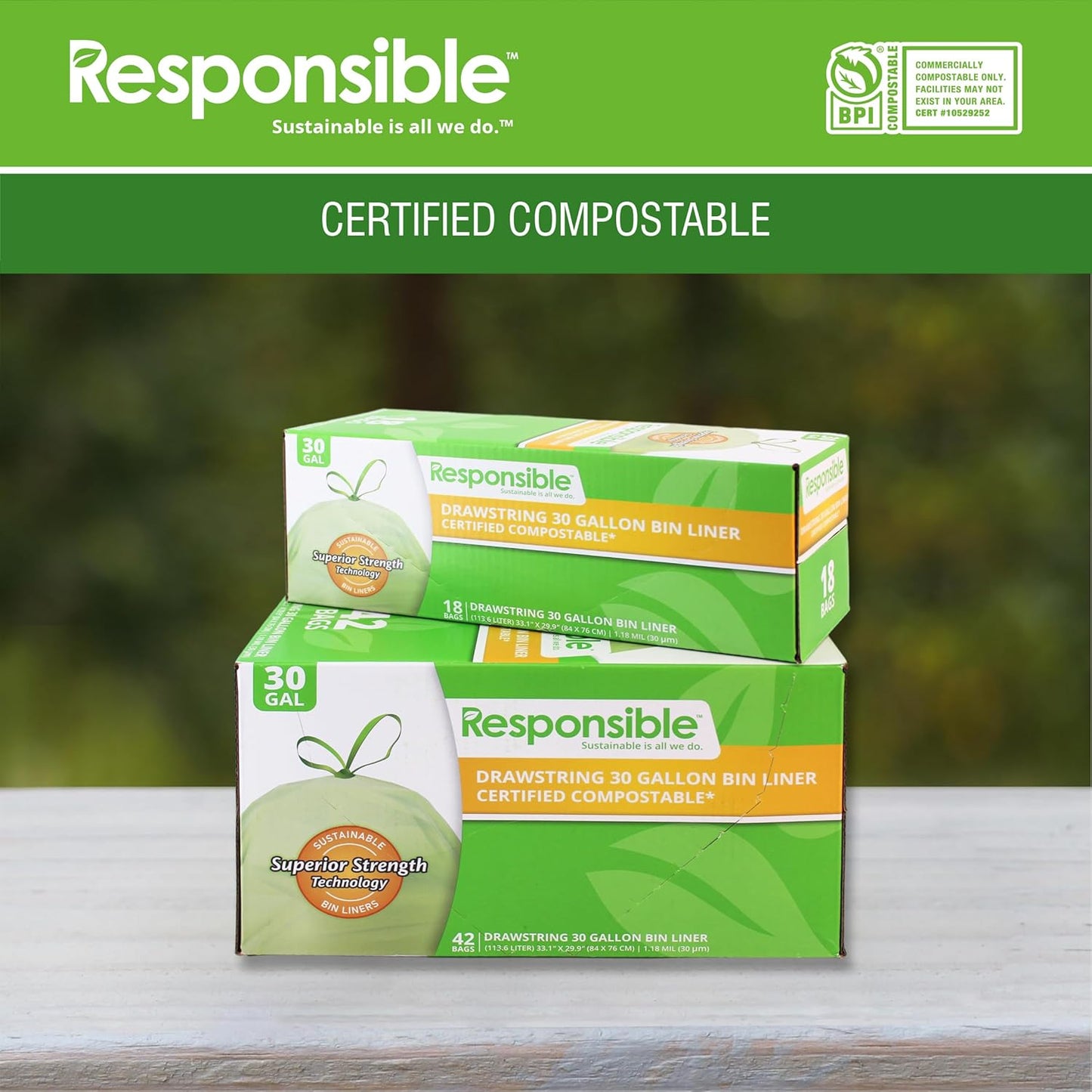 Kitchen Bin Liners, Certified Compostable, Heavy Duty Multipurpose Food Scrap Bags, Made from Compostable Materials (30 Gallon Drawstring, 30 Gallon (42 Count))