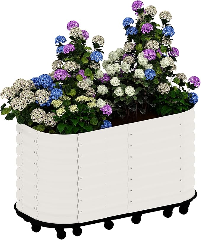 59x24x28 in Galvanized Raised Garden Bed with Wheels & Water Reservoir – Durable Outdoor Planter Box, Elevated Raised Beds for Gardening, Portable Garden Box for Indoor/Outdoor Plants,White