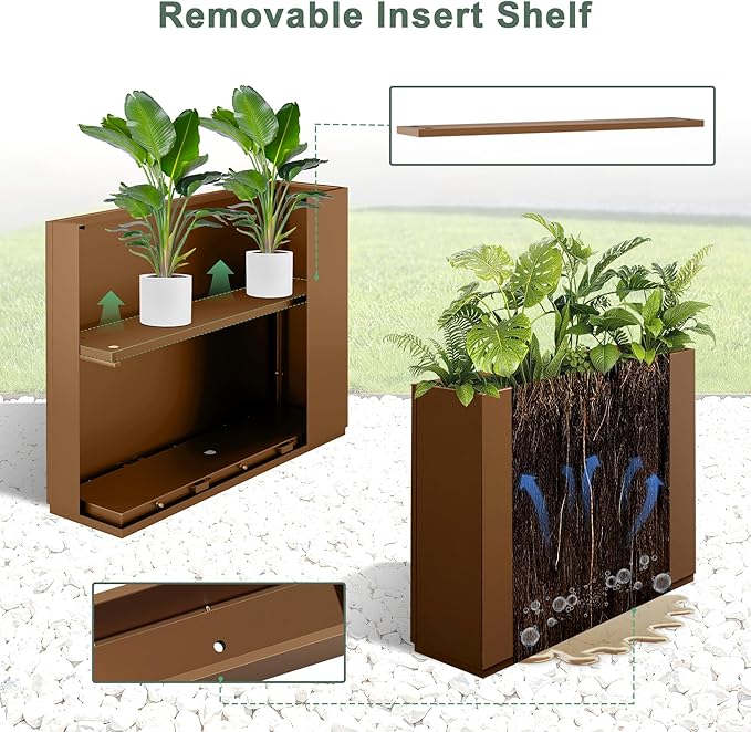 Tall Rectangular Planter Box, Metal Large Planters for Outdoor Plants, Flowers, with Drainage Holes (30" L x 12" W x 24" H, Brown)