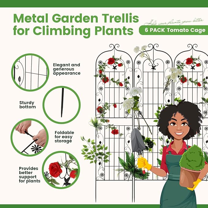 Blulu 6 Pack 71x20in Rose Trellis for Climbing Plants Outdoor, Heavy Duty Large Metal Garden Trellises with Decorative Rustproof Black Scroll Design for Vines, Flower Beds, Vegetables, Fencing