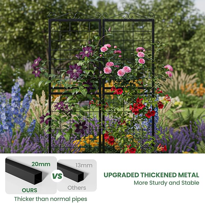 2 Pack 71 Inch Metal Garden Trellis for Climbing Plants, Thickened Square Tube Metal Garden Trellis for Vines Plant Rose Vegetable Support,Large Decorative Outdoor Trellis