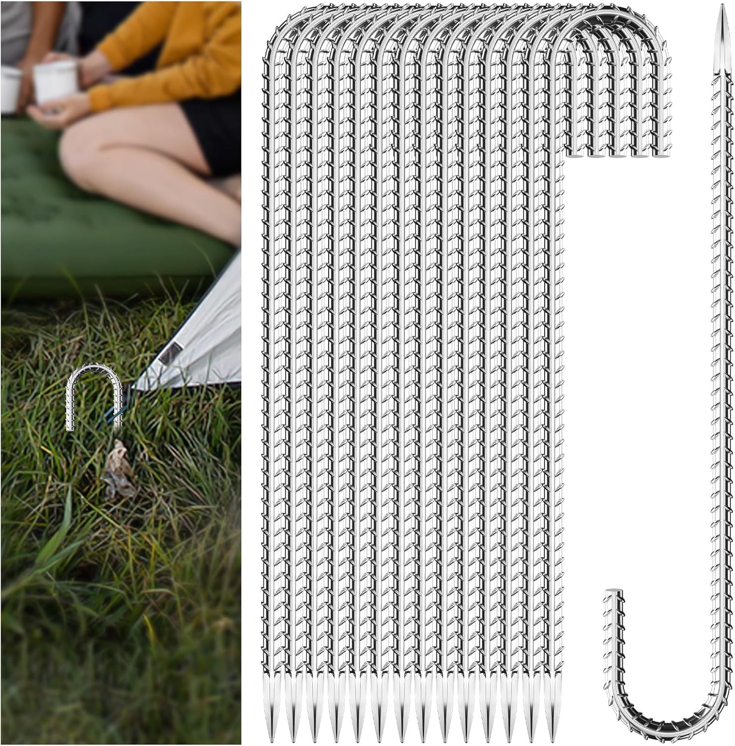 10 Pieces J Hooks Rebar Metal Tent Stakes 16 Inch Galvanized Ground Anchors Yard Stakes for Landscape Fabric Artificial Turf Heavy Duty Anti Rust for Outdoor Lawn Decorations Inflatables Swing Set
