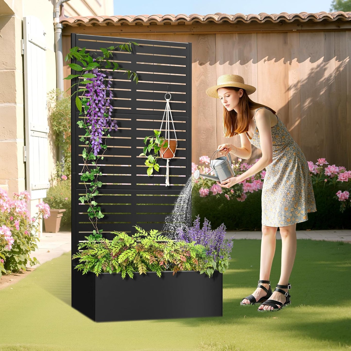 TOAOTBNBO Metal Planter Box with Trellis, Heavy-Duty Raised Garden Bed for Climbing Plants, Drainage Hole, Outdoor Planter Box with Privacy Screen，35''L×16''W×71''H