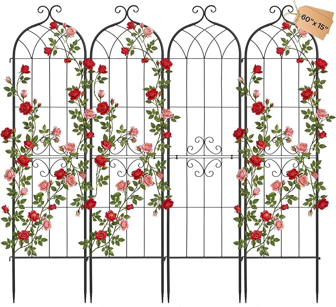 VEVOR Garden Trellis, 60 x 15 inch Rose Trellis, 4 Packs Garden Flower Rose Trellises with Powder-Coated Finish & Convenient Locking Design, Plant Support Trellises for Flowers, Vegetables, Roses