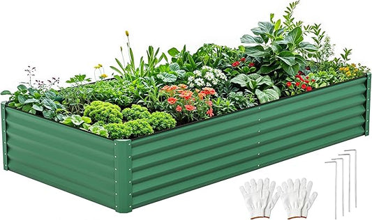 DWVO 8 x 4 x 1.5 FT Raised Garden Bed Kit, Outdoor Galvanized Flower Bed with Safety Rubber and Gloves, Large Metal Planter Box for Vegetables, Flowers, Herbs, Fruits, Green
