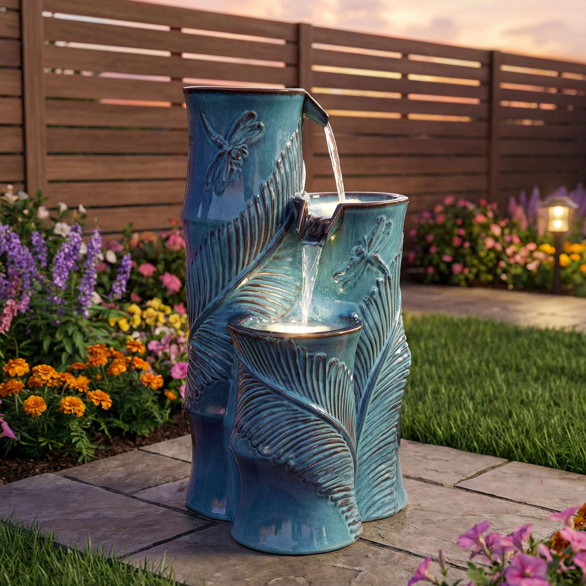 Autodaya Tropical Turquoise Ceramic Outdoor Water Fountain with Lights (25.5"h Bamboo-style Teal Blue)
