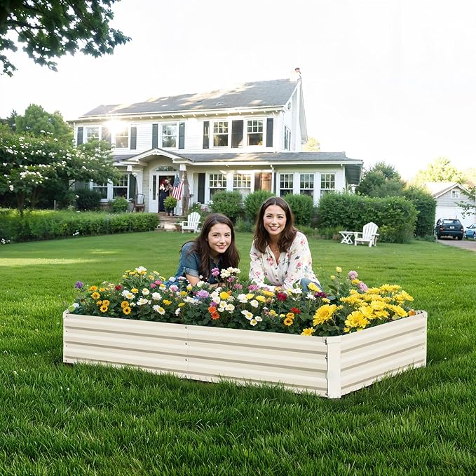 Raised Garden Bed Beige, 6x3x1ft Galvanized Raised Garden Bed Outdoor Metal for Gardening Vegetables Flower Garden Planter Box Large Raised Bed with Gloves and 3ftx30ft Weed Barrier Fabric