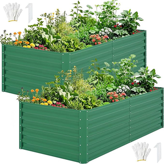 DWVO 2pcs 6 x 3 x 2 FT Raised Garden Bed Kit, Outdoor Galvanized Flower Bed with Gloves, Large Metal Planter Box for Vegetables, Flowers, Herbs, Fruits, Green