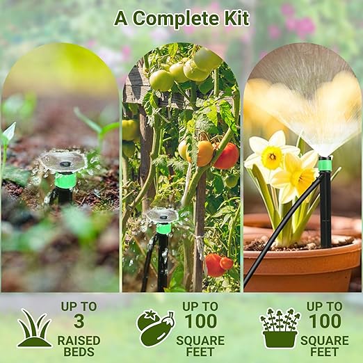Drip Irrigation System for Garden, Adjustable Drip Irrigation Kit with Drip Emitters, 5/16" & 1/4" Irrigation Tubing & Barbed Fittings for Raised Beds, Lawn