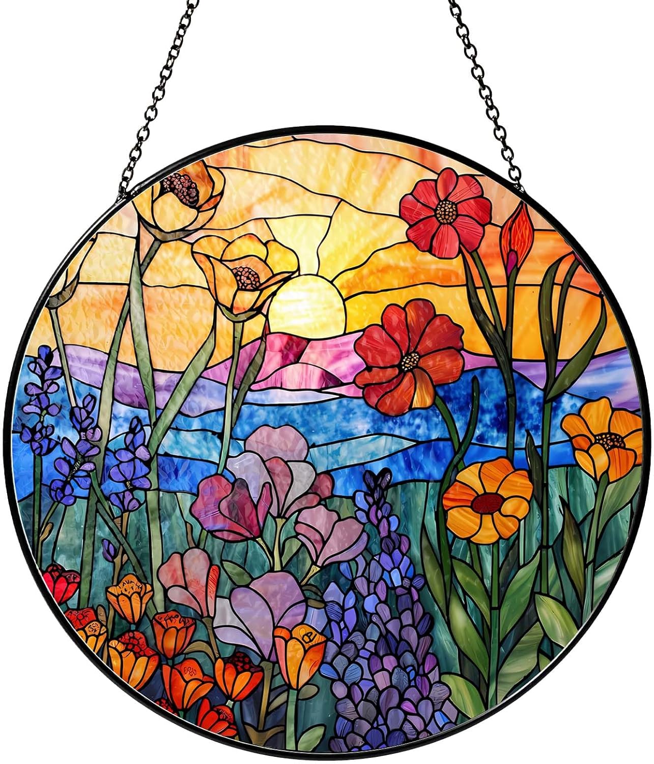 Wildflowers Sun Catcher Stained Glass Window Hanging Plant Lover Gifts for Women Wildflowers Wall Decor Handmade Sun Catcher Decoration for Garden Home Housewarming Gifts（6 inch）