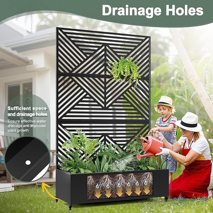 Standing Metal Planter Box with Trellis and Wheels for Climbing Plants, Raised Garden Beds with Drainage Holes, 47" L×16" W×71" H Privacy Boxes with Trellis (Black Zodiac)