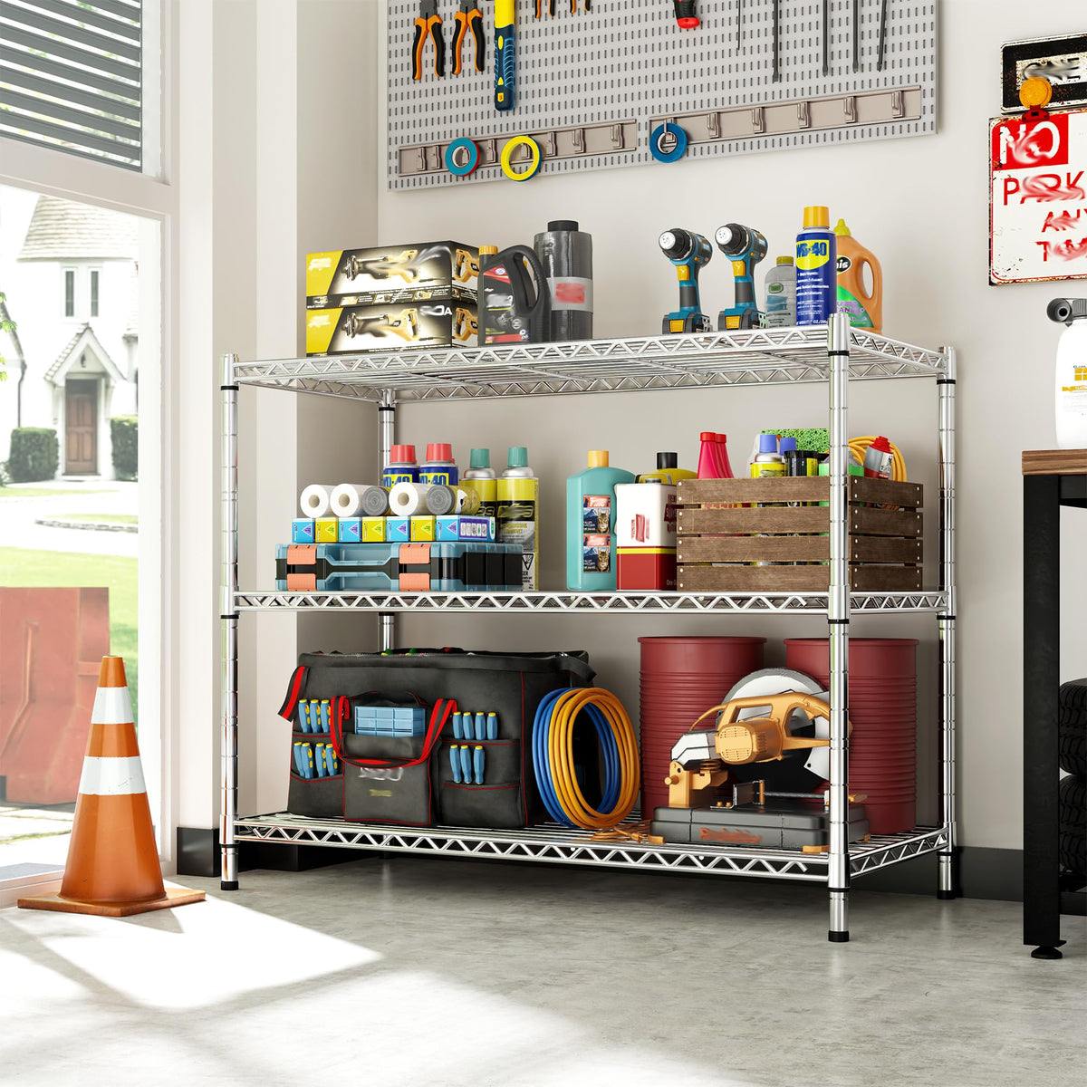 Heavy Duty 3 Tier Metal Shelving Unit (Chrome-35.6"Wx14"Dx36"H)