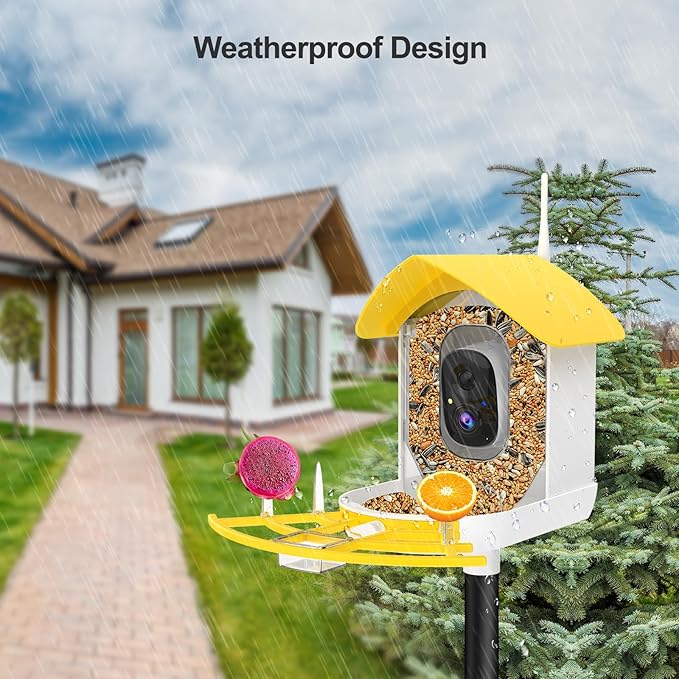 Smart Bird Feeder with Camera, Birds AI Identify, Motion Detection with Real-Time Notice, WiFi FHD Bird Camera, Auto Capture, Solar Powered Outdoor Charging Bird House, IP65 Waterproof,Yellow