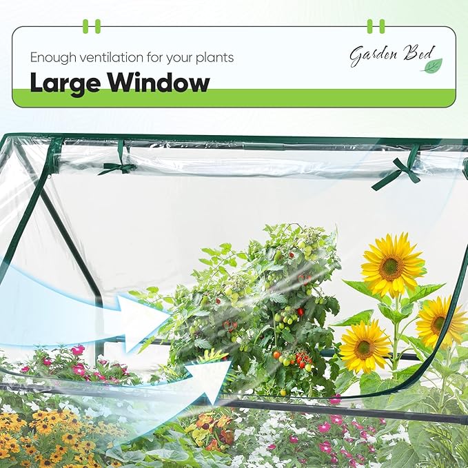 Quictent Raised Garden Bed with Cover Outdoor Galvanized Steel Planter Box Kit with Greenhouse Large Zipper Window Dual Use, 20pcs T-Type Tags & 1 Pair of Gloves Included 4x2.4x1 FT, Clear