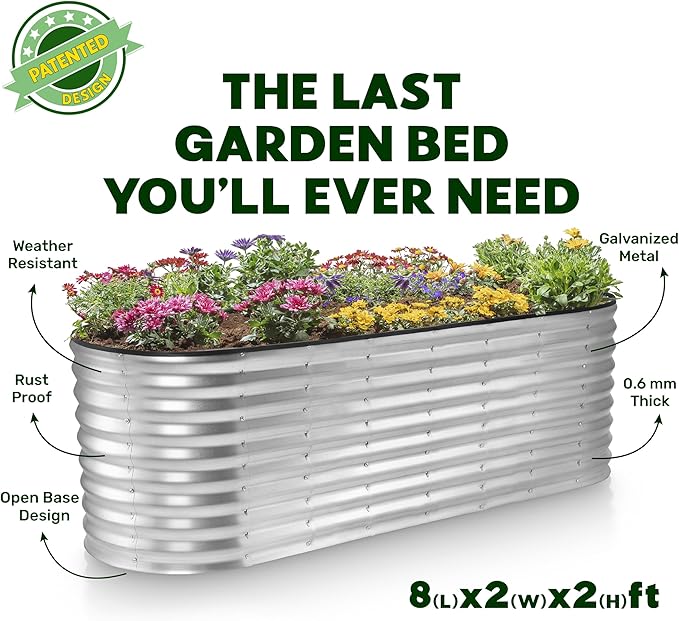 Plant & Plot Galvanized Raised Garden Beds Outdoor // 8×2×2 ft Planter Raised Beds for Gardening, Vegetables, Flowers (Silver) // Large Metal Garden Box // Patented Tool-Free Design