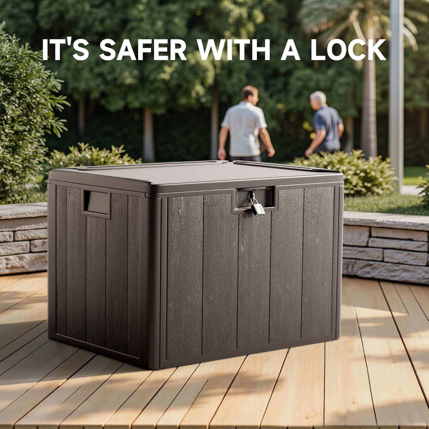 40 Gallon Deck Box, Double Layer Waterproof Resin Outdoor Indoor Storage Box, Lockable & UV Resistant Storage Bin for Patio Furniture, Garden Tools, Pool Accessories (Brown)