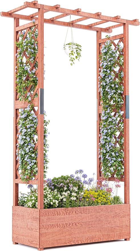 GarveeLife Raised Garden Bed with Trellis, 45 in Wood Planter Box with Side Trellis, Hanging Roof, and 4 Drainage Holes, Freestanding Elevated Garden Bed for Climbing Plants, Vines, Flowers