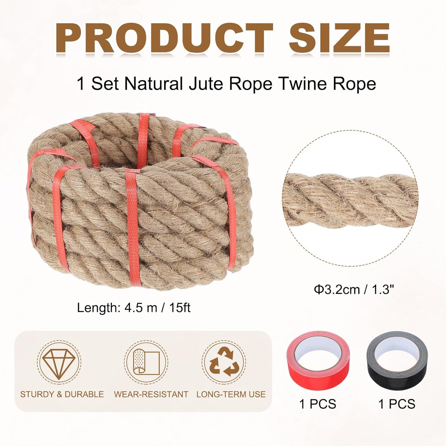 MECCANIXITY Jute Rope 1.3 Inch x 15ft, Thick Twine Rope Ropes Braided Jute Twine Natural Brown Burlap Cord String Heavy Twisted with Tapes for Decorative Crafts Railing Swing Tug of War