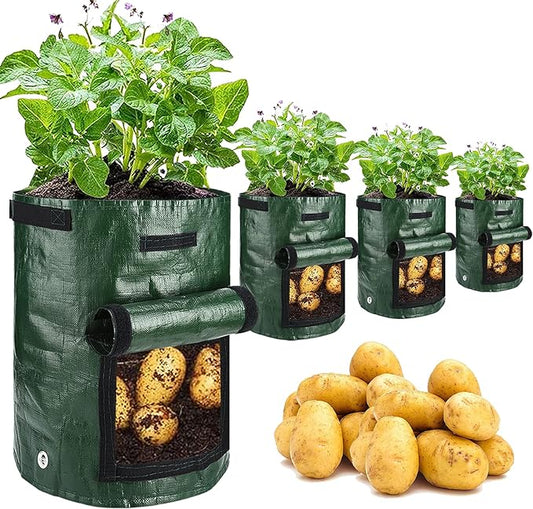 JJGoo Potato Grow Bags, 4 Pack 10 Gallon with Flap and Handles Planter Pots for Onion, Fruits, Tomato, Carrot - Green