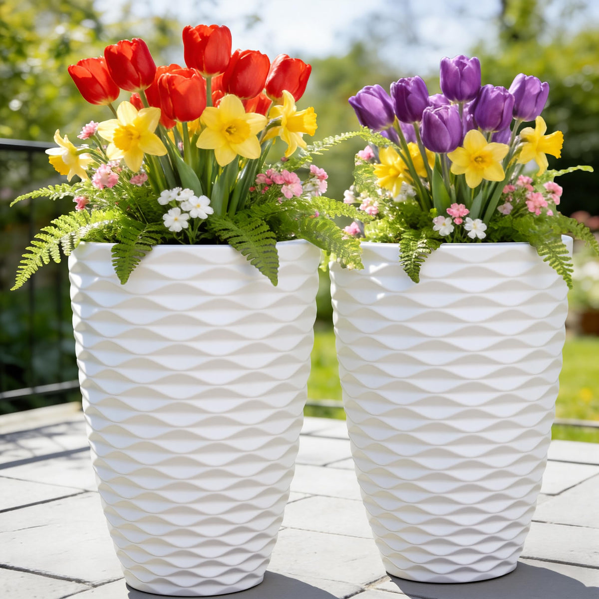 2 Pack 19" White Resin Tall Outdoor Planters with Wave Texture (19"h-white Wavy)