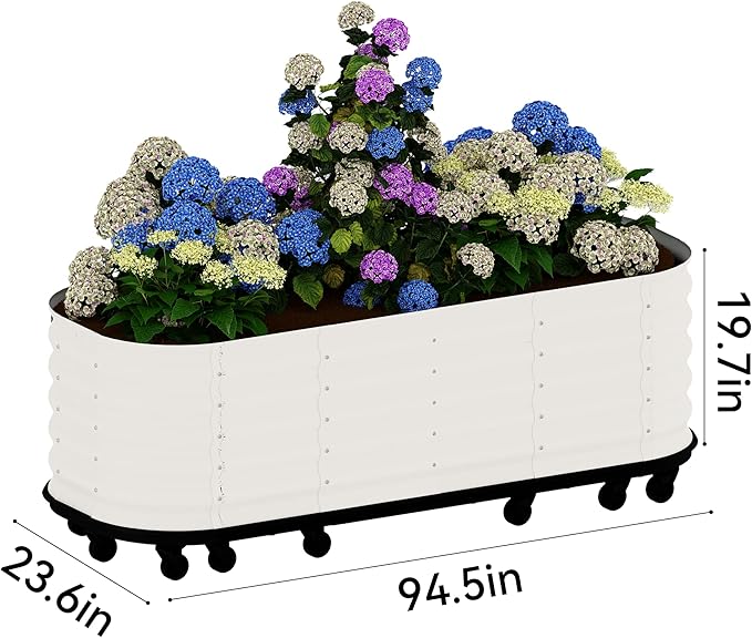 95x24x20 in Galvanized Raised Garden Bed with Wheels & Water Reservoir – Durable Outdoor Planter Box, Elevated Raised Beds for Gardening, Portable Garden Box for Indoor/Outdoor Plants,White
