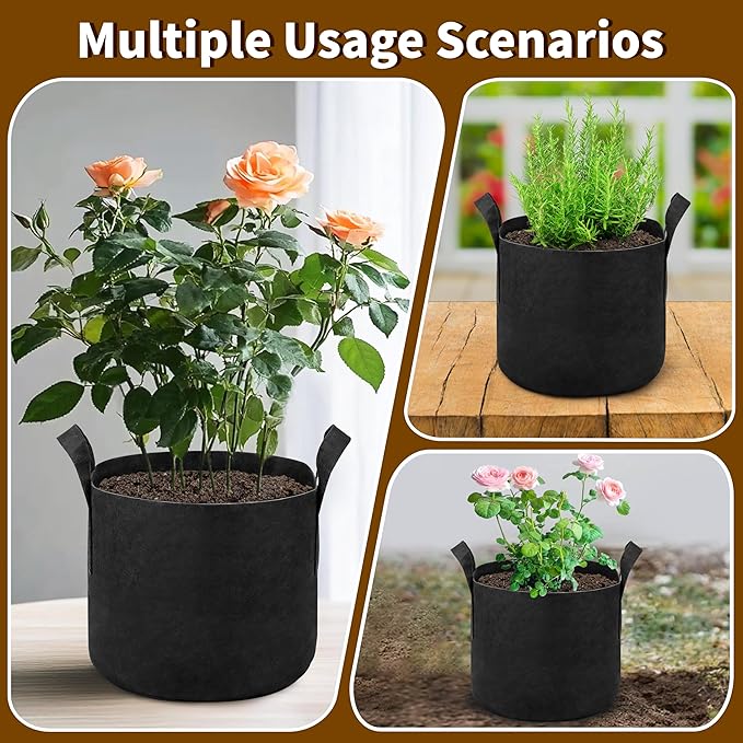6 Pack 3 Gallon Grow Bags, Heavy Duty 300g Nonwoven Fabric Plant Pots with Reinforced Handles, Breathable Potato & Tomato Grow Bags for Vegetables, Peppers, Herbs - Black