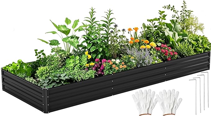DWVO 12 x 4 x 1 FT Raised Garden Bed Kit, Outdoor Galvanized Flower Bed with Safety Rubber and Gloves, Large Metal Planter Box for Vegetables, Flowers, Herbs, Fruits, Black