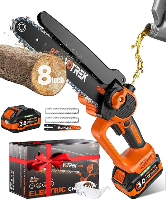 VOTREK® 8-INCH Mini Chainsaw Cordless, [3.0AH] Battery Powered Electric Chain Saw, Handheld Small Hand Saw for Wood Cutting Tree Trimming Branch Cutter [Auto Oiler] [Tool-Free Tensioner] [Brushless]