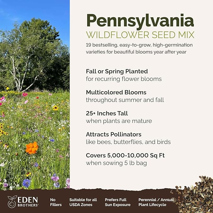Eden Brothers Pennsylvania Wildflower Mixed Seeds for Planting, 5 lbs, 2,400,000+ Seeds with Coreopsis, Lupine | Attracts Pollinators, Plant in Spring or Fall, Zones