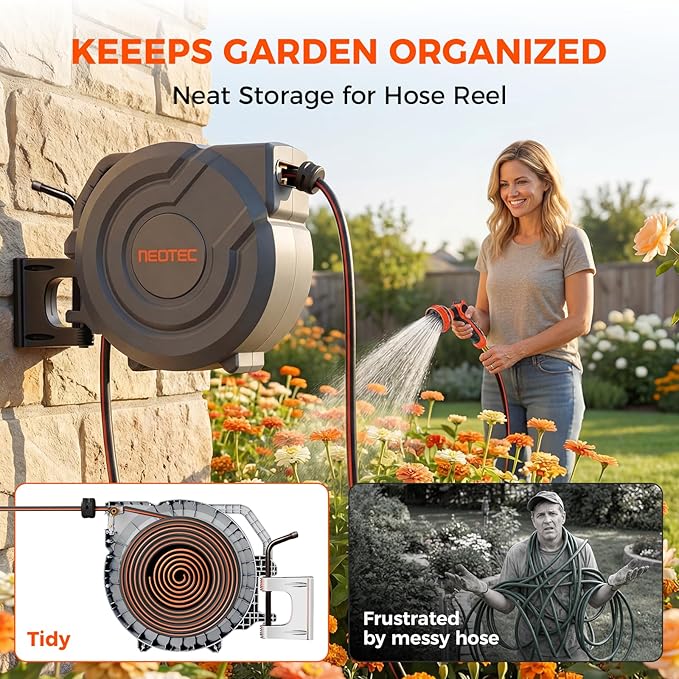 Upgraded Retractable Garden Hose Reel 1/2 inch x 155 ft Any Length Lock 9 Pattern Nozzle Metal Bracket Wall-Mounted Automatic Slow Return 180° Swivel UV Resistant Heavy Duty Hose Reels for Outside