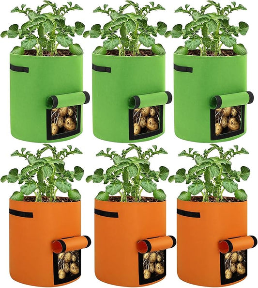 6 Pack Potato Grow Bags, 10 Gallon Planting Bags Large Fabric Pots with Flap Window Vegetable Planter Garden Pot Tall Potato Growing Containers with Handles for Vegetables, Fruits, Green + Orange