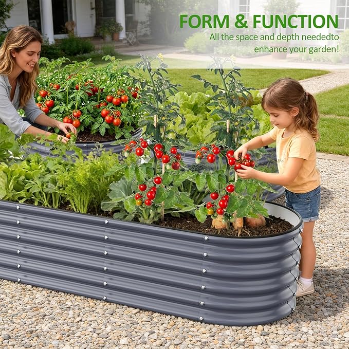 Gruper Galvanized Raised Garden Bed, 8×2×1.4 ft Tall Oval Large Metal Planter Raised Garden Boxes Outdoor for Vegetable Fruits Flower Herb, Anti-Rust and Sturdy & Easy-Setup