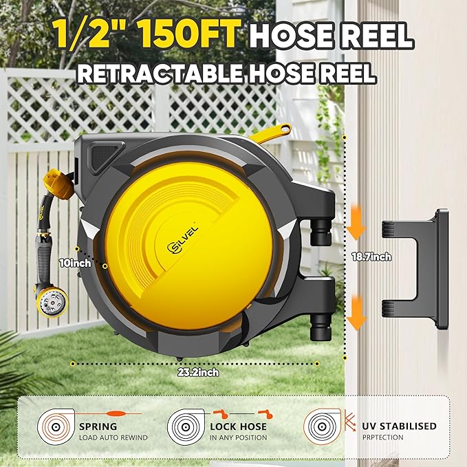 SILVEL Retractable Garden Hose Reel – 5/8 in x 110FT Heavy Duty Automatic Hose Reel Wall Mounted, UV Resistant with 10 Pattern Nozzle, Any Length Lock & Slow Return System, 180°Swivel Bracket, Yellow