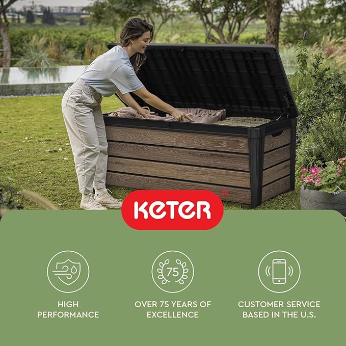 Keter Everwood 120 Gallon Resin Signature Collection Large Outdoor Storage Box for Patio Furniture, Outdoor Cushions, Garden Tools and Pool Gear, Walnut
