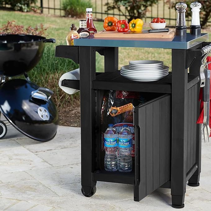 Keter Unity Small 40 Gallon Grill Prep Table and Storage Cart, Grey – BBQ Station with Wheels and Stainless Steel Top, Portable Serving Stand for Patio, Deck, and Backyard