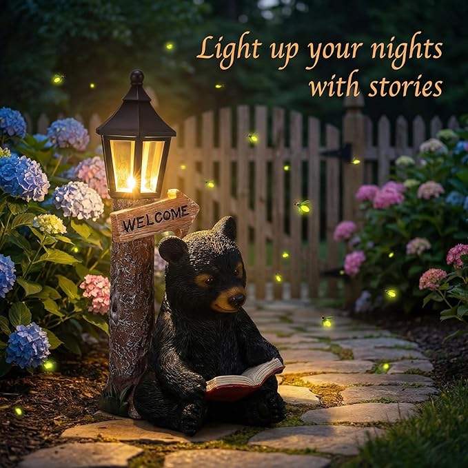 Lyeasw Garden Statues Bears, Solar Reading Bear Statue with Welcome Sign Decor, Bear Figurine Lights for Outside, Patio, Lawn, Garden Decor Birthday Housewarming for Women, Mom