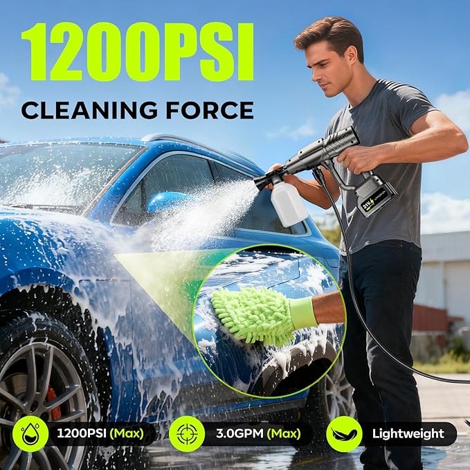 YKYI Cordless Pressure Washer Battery Powered, 30 Speed Level, 1200 PSI Portable Power Washer with 6-in-1 Nozzle, 24FT High-Elastic Hose, Handheld Pressure Washer for Car, Garden Cleaning (Gray)