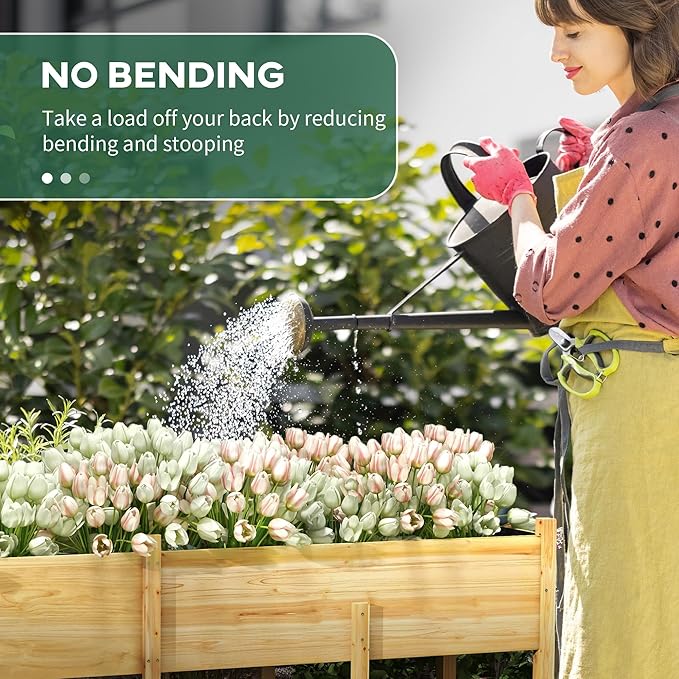 Outsunny Wooden Raised Garden Bed with Legs, Large Elevated Planter Box with Bed Liner and Drain Holes for Vegetables Flowers Herbs, Outdoor and Indoor, 7.4' x 1.8' x 2.6', Natural Wood