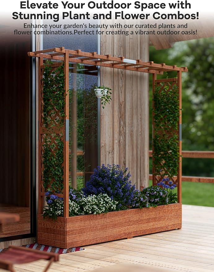 GarveeLife Raised Garden Bed with Trellis, 72 in Wood Planter Box with Side Trellis, Hanging Roof, and 4 Drainage Holes, Freestanding Elevated Garden Bed for Climbing Plants, Vines, Flowers