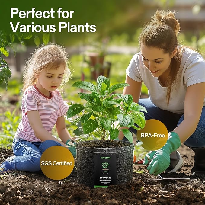 VIVOSUN 10-Pack 5 Gallon Grow Bags, 500G Thick Nonwoven Fabric Pots with Strap Handles, Multi-Purpose Rings, for Low Stress Plant Training Fruits, Vegetables, and Flowers