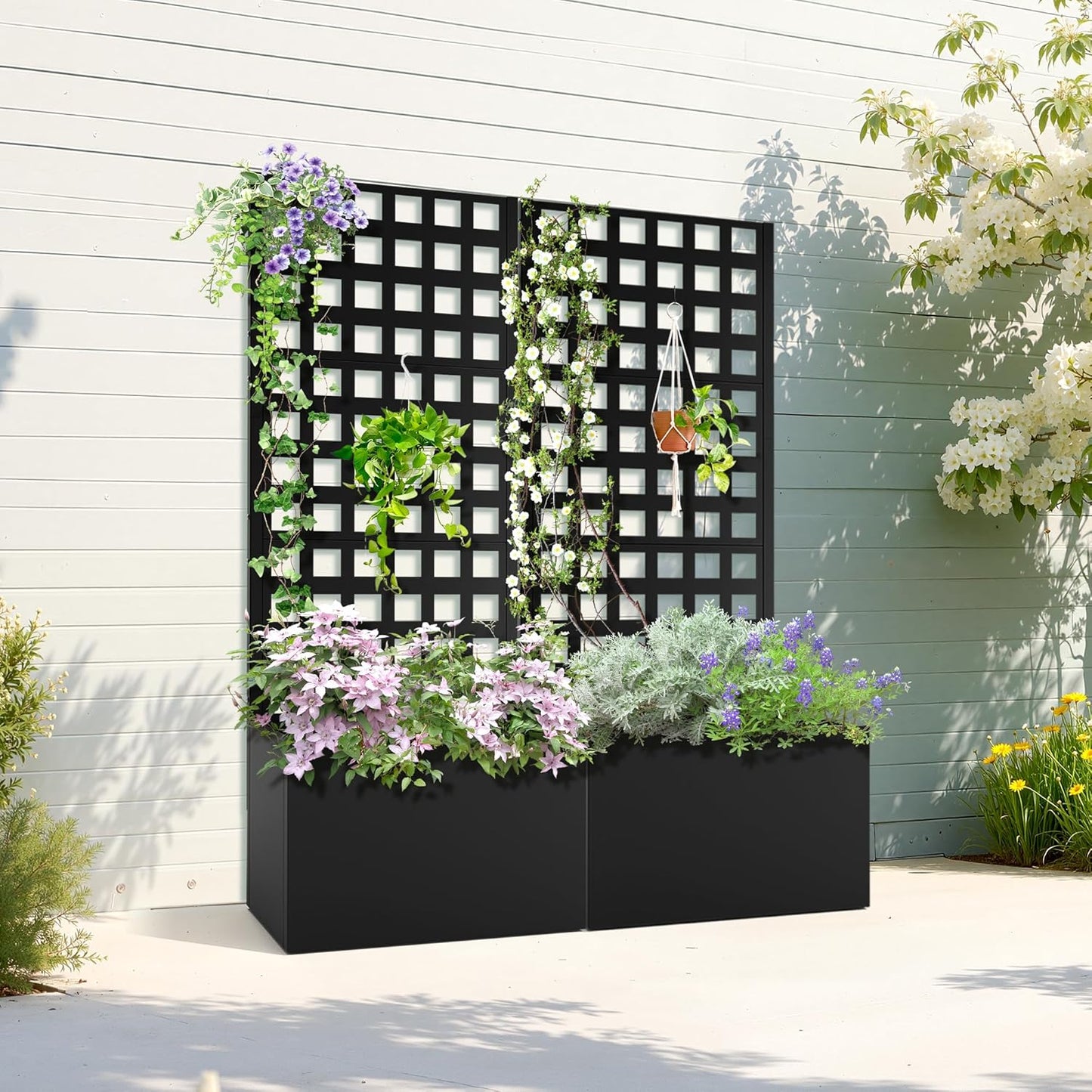 Metal Planter Box with Trellis, Raised Garden Bed with Privacy Screen, Outdoor Standing Flower Beds with Drainage Hole for Climbing Plants, Vine, 23" L x 12" W x 63" H, Black