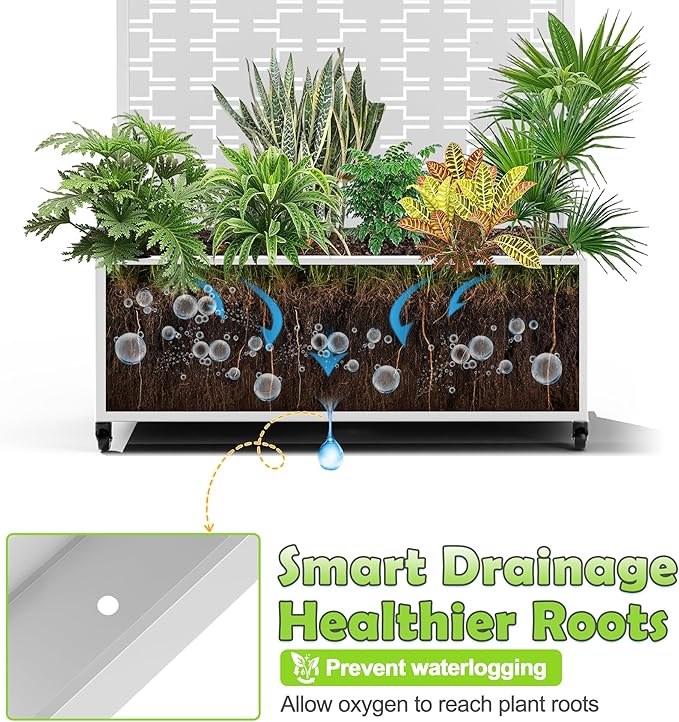 15.7"×70.9"×35.4" Metal Raised Garden Bed with Trellis and Wheels - Tall Trellis Planter Box for Climbing Plants, Vegetables & Vines - Outdoor Privacy Planters for Patio (White-Brick)